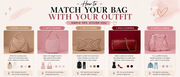 showing how to match different handbag styles and colors with outfits for various fashion looks.