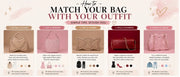 showing how to match different handbag styles and colors with outfits for various fashion looks.