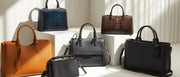 Luxury leather handbags in various styles and colors.
