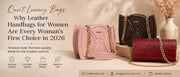 Premium leather handbags for women in quiet luxury style by Vilaasa Lifestyle, featuring tote, shoulder, sling, crossbody, and clutch bags.