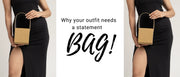 A woman wearing a beige striking leather purse that elevates casual and formal attire.
