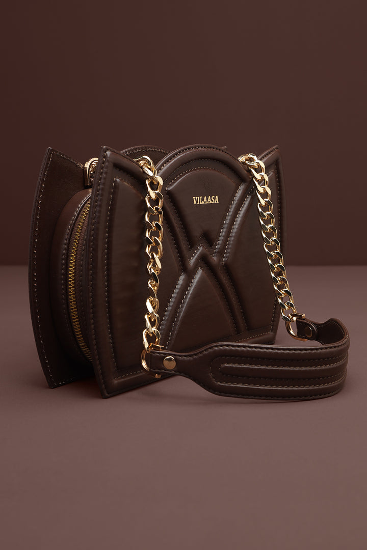 Tan Brown Leather handbag with gold chain strap 
